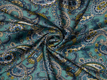 Load image into Gallery viewer, BEAUTIFUL floral paisley print. Vibrant lime green, teal, turquoise and blue tone silky charmeuse.
