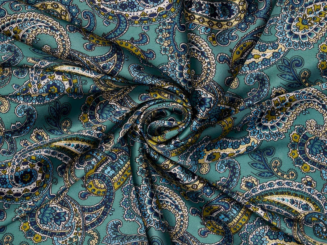 BEAUTIFUL floral paisley print. Vibrant lime green, teal, turquoise and blue tone silky charmeuse.