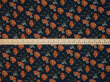 Load image into Gallery viewer, Rich navy background with bold burnt orange blooms. Made of soft peach skin fabric.
