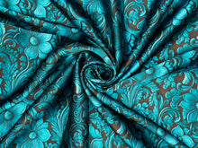 Load image into Gallery viewer, 3D turquoise and chocolate brown tooled leather floral silky charmeuse. (Copy)

