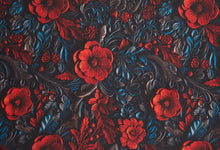 Load image into Gallery viewer, 3D red, black, gray tooled leather floral silky charmeuse.
