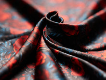 Load image into Gallery viewer, 3D red, black, gray tooled leather floral silky charmeuse.
