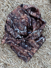 Load image into Gallery viewer, Bare timber style camo with brown tones, cream, and a hint of green. Soft charmeuse satin fabric.
