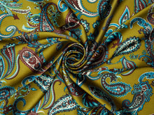 Load image into Gallery viewer, Rich stunning mustard, teal, burgandy and cream paisley print on a silky soft charmeuse fabric.
