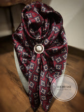 Load image into Gallery viewer, Rich burgandy, ivory and navy tone silky charmeuse.
