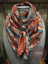 Load image into Gallery viewer, Rust, cream, blue, and burgundy paisley wool peach.
