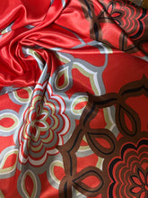 Load image into Gallery viewer, Bright red, black, gray and white large floral silky charmeuse.
