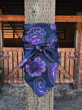 Load image into Gallery viewer, Purple, pink and black floral with a black back ground on a silky satin charmeuse fabric.
