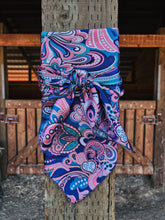 Load image into Gallery viewer, Blue, pink and turquoise paisley floral on a silky charmeuse poly blend
