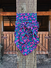 Load image into Gallery viewer, Bright blue, pink and green tiny floral silky soft charmeuse.
