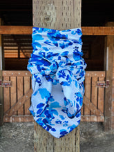 Load image into Gallery viewer, Bright blue floral with a white back ground on a silky satin charmeuse fabric
