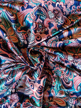 Load image into Gallery viewer, Blue, pink and turquoise paisley floral on a silky charmeuse poly blend
