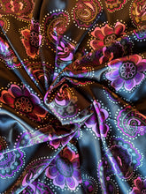 Load image into Gallery viewer, Purple, pink and black floral with a black back ground on a silky satin charmeuse fabric.
