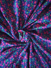 Load image into Gallery viewer, Bright blue, pink and green tiny floral silky soft charmeuse.
