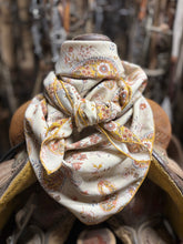 Load image into Gallery viewer, Stunning cream, buttery golden mustard yellow with hints of sage green, paisley and floral print on a soft peach skin fabr
