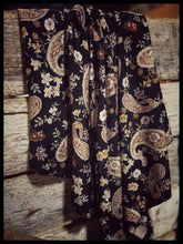 Load image into Gallery viewer, Stunning black, rust and cream paisley and floral print on a soft peach skin fabric.
