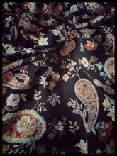 Load image into Gallery viewer, Stunning black, rust and cream paisley and floral print on a soft peach skin fabric.
