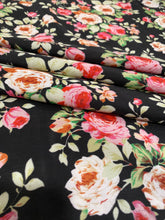 Load image into Gallery viewer, Vintage, rose floral print.  Black with pink, red, tan and olive green tones on a silky soft peach skin fabric.
