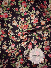 Load image into Gallery viewer, Vintage, rose floral print.  Black with pink, red, tan and olive green tones on a silky soft peach skin fabric.
