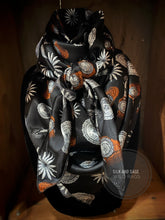 Load image into Gallery viewer, Elegant spur and concho print. Deep black, silver and  silky charmeuse fabric
