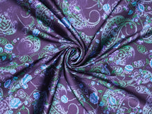 Load image into Gallery viewer, BEAUTIFUL floral paisley print. Vibrant purple, teal, turquoise and blue tone silky charmeuse.
