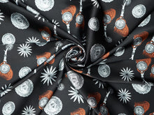 Load image into Gallery viewer, Elegant spur and concho print. Deep black, silver and  silky charmeuse fabric
