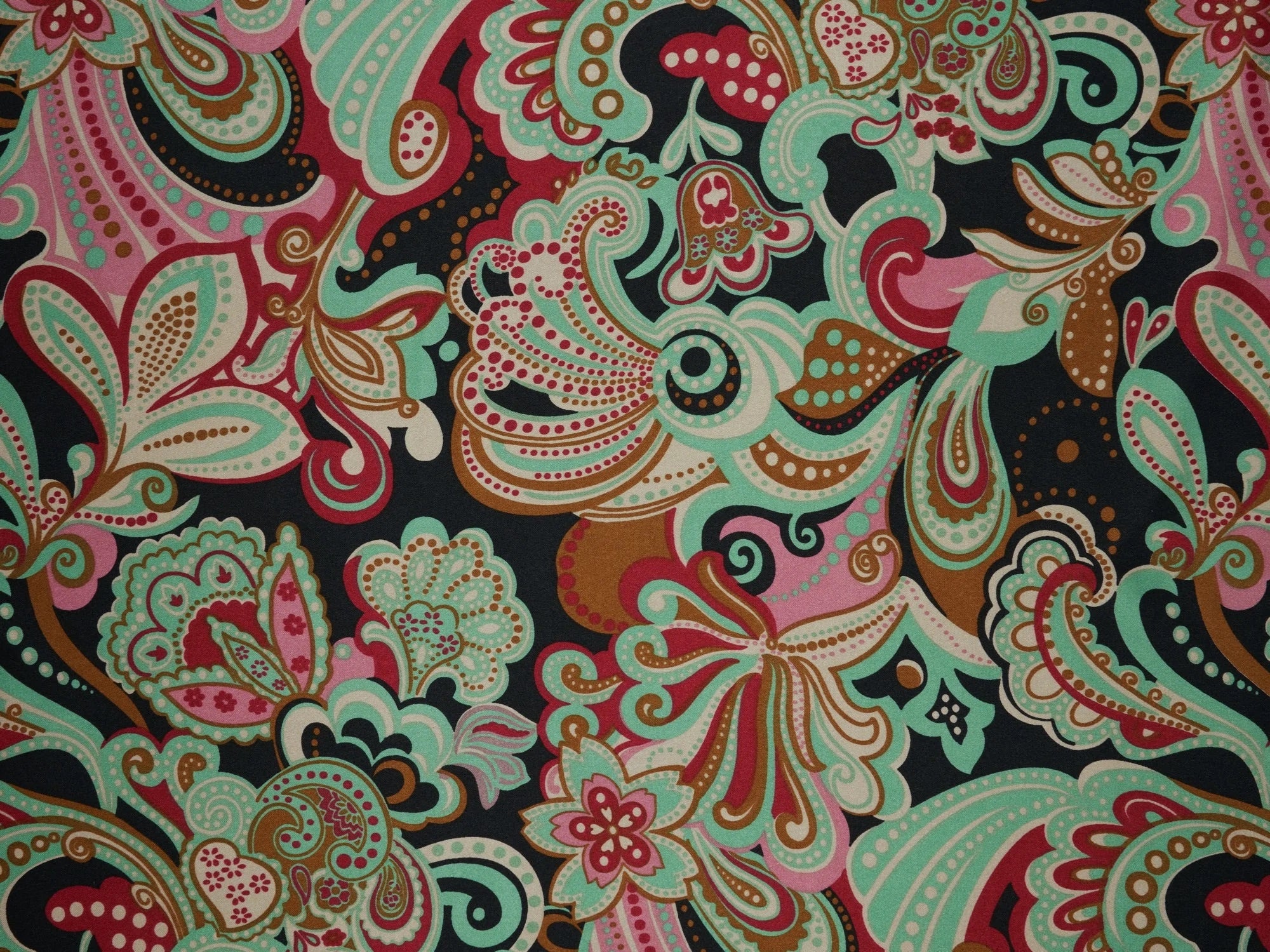 Retro paisley print. Black, teal, and pink tone silky charmeuse.