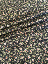 Load image into Gallery viewer, Retro, vintage, dainty floral print.  Black with white, olive green and coal tones on a silky soft peach skin fabric.
