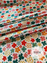 Load image into Gallery viewer, Super fun pink, red, teal, turquoise, mustard, orange floral with a white back ground. Super silky charmeuse fabric

