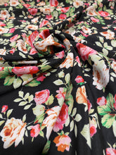 Load image into Gallery viewer, Vintage, rose floral print.  Black with pink, red, tan and olive green tones on a silky soft peach skin fabric.
