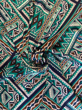 Load image into Gallery viewer, Boho, tribal, Aztec print.  Green, teal, black tone silky charmeuse.
