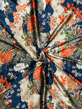 Load image into Gallery viewer, Bright corral, cream, blue, and tan floral silky charmeuse fabric
