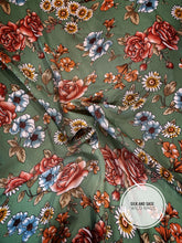 Load image into Gallery viewer, Sage green with rust, orange, gold, mustard,  blue  floral print. Made of silky soft, light weight satin fabric.
