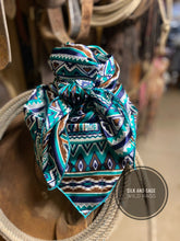 Load image into Gallery viewer, Boho, tribal, Aztec print.  Green, teal, black tone silky charmeuse.

